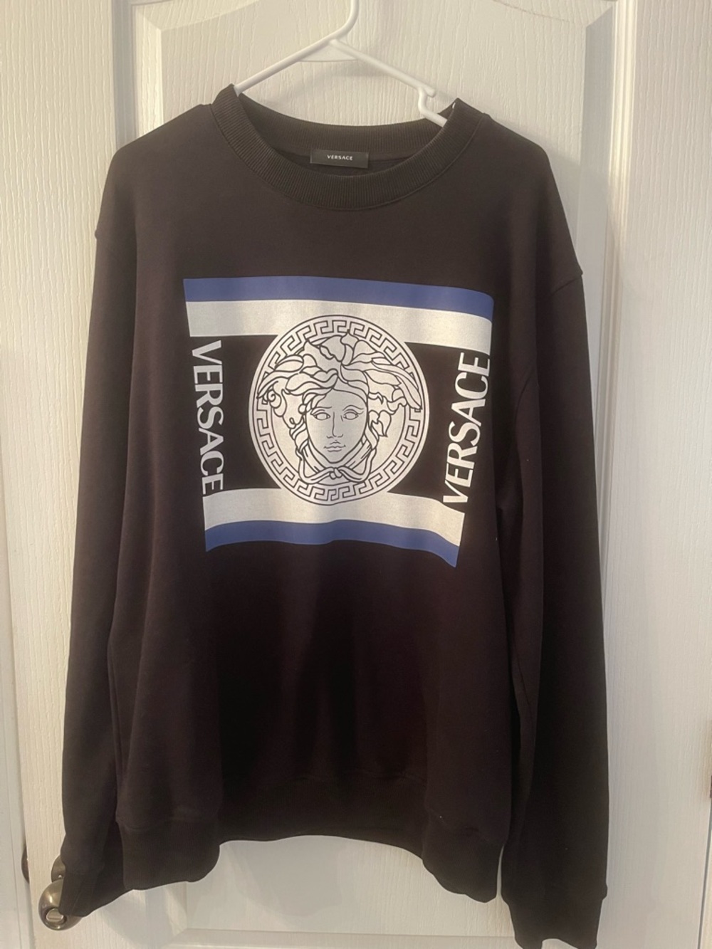 Versace Black Crewneck Sweatshirt with Blue & White Medusa Panel